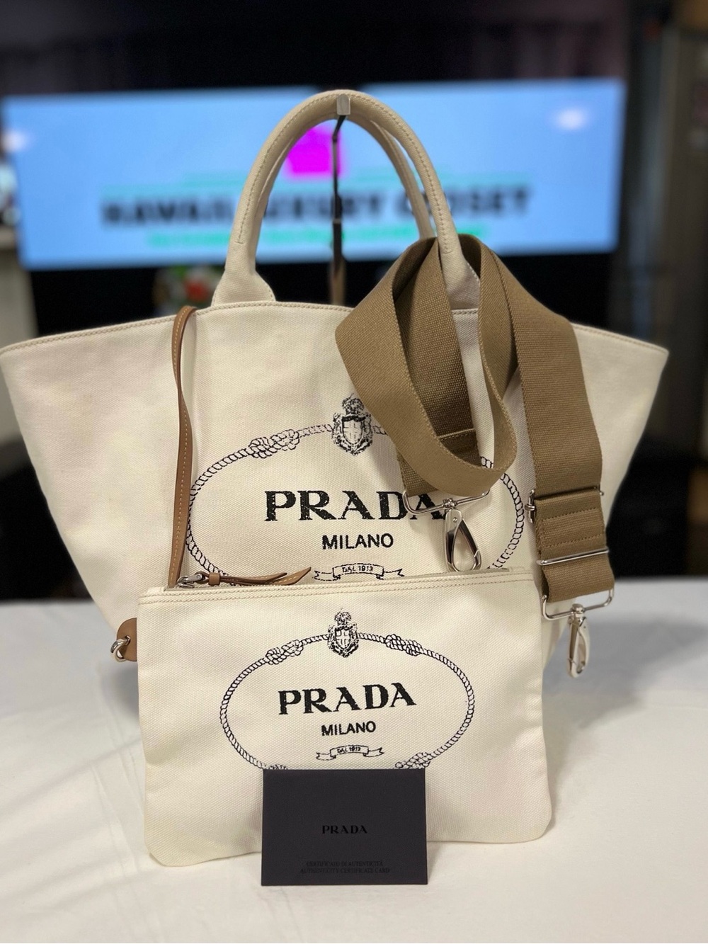 Prada Canapa Bucket Tote with Tan Adjustable Strap and Matching Pouch